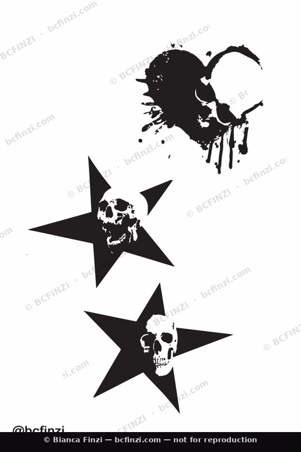 Skull moon & skull stars — available flash tattoo design by Bianca Finzi, Austin TX