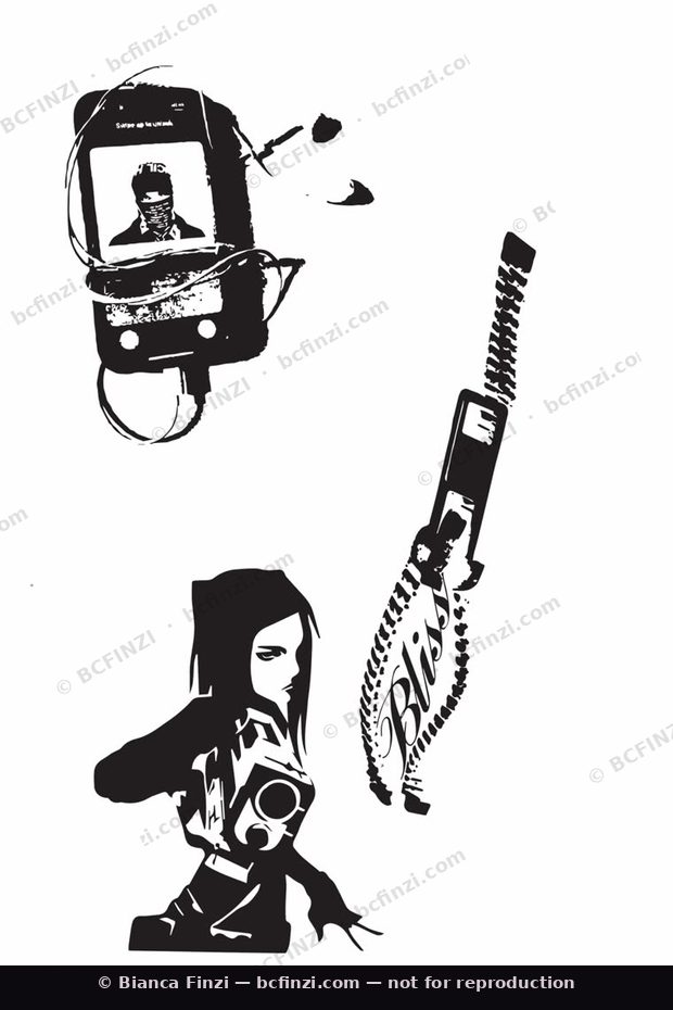Hooded figure & blade — available flash tattoo design by Bianca Finzi, Austin TX