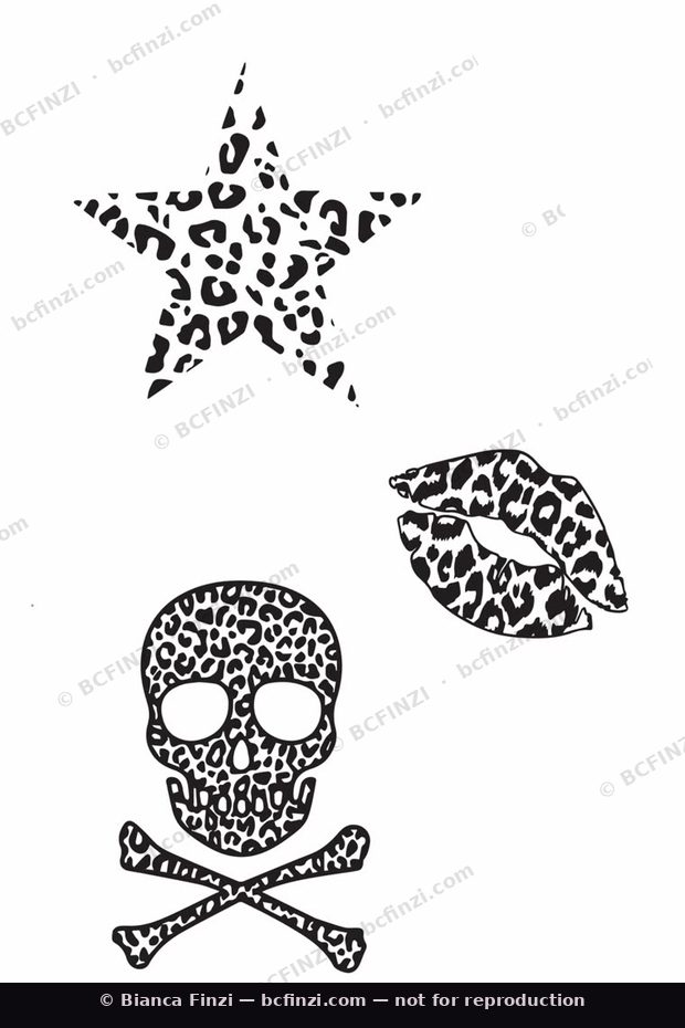 Leopard star, lips & skull — available flash tattoo design by Bianca Finzi, Austin TX