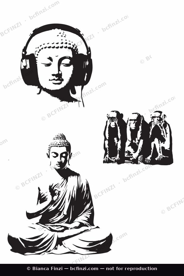 Buddha & three wise monkeys — available flash tattoo design by Bianca Finzi, Austin TX