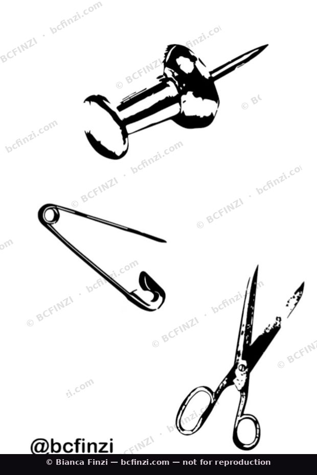 Pins & scissors — available flash tattoo design by Bianca Finzi, Austin TX