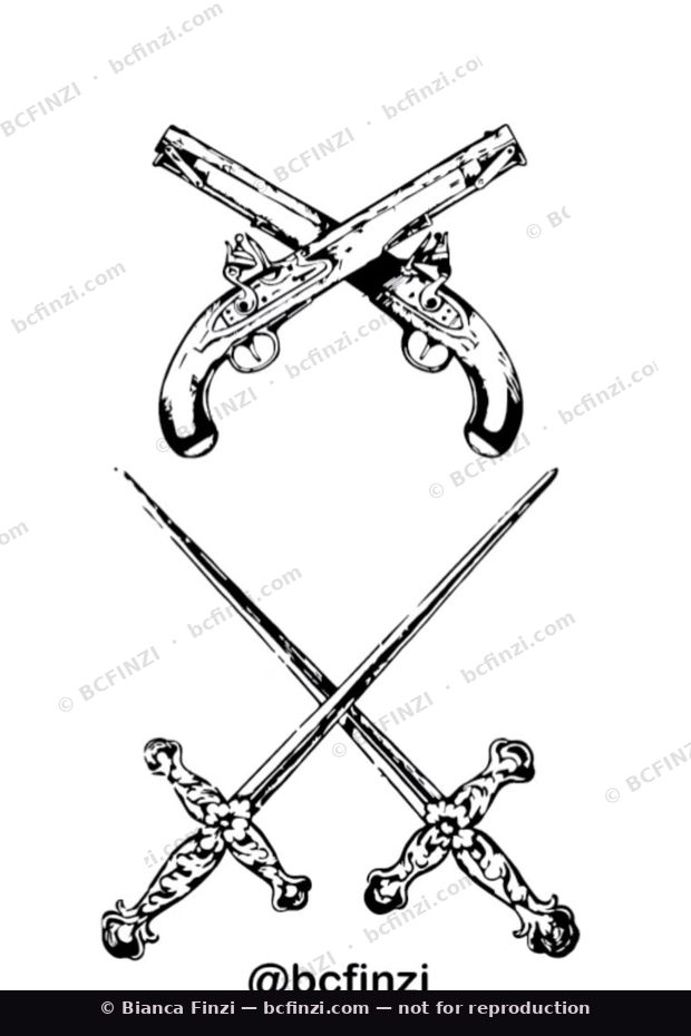 Crossed pistols & swords — available flash tattoo design by Bianca Finzi, Austin TX