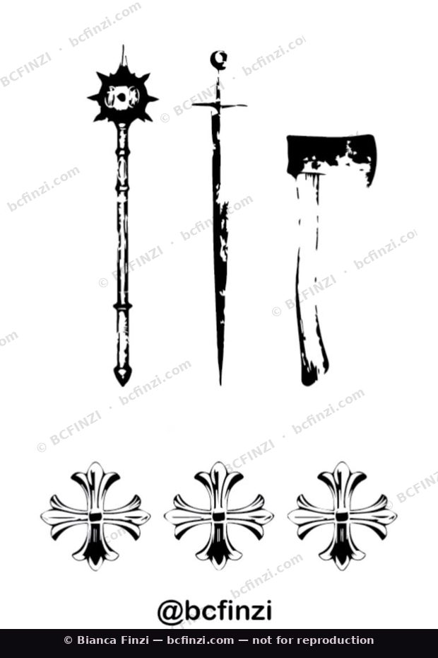 Medieval arms & crosses — available flash tattoo design by Bianca Finzi, Austin TX