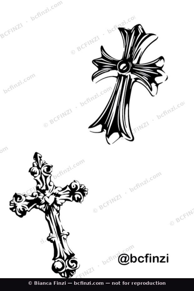 Ornate crosses — available flash tattoo design by Bianca Finzi, Austin TX