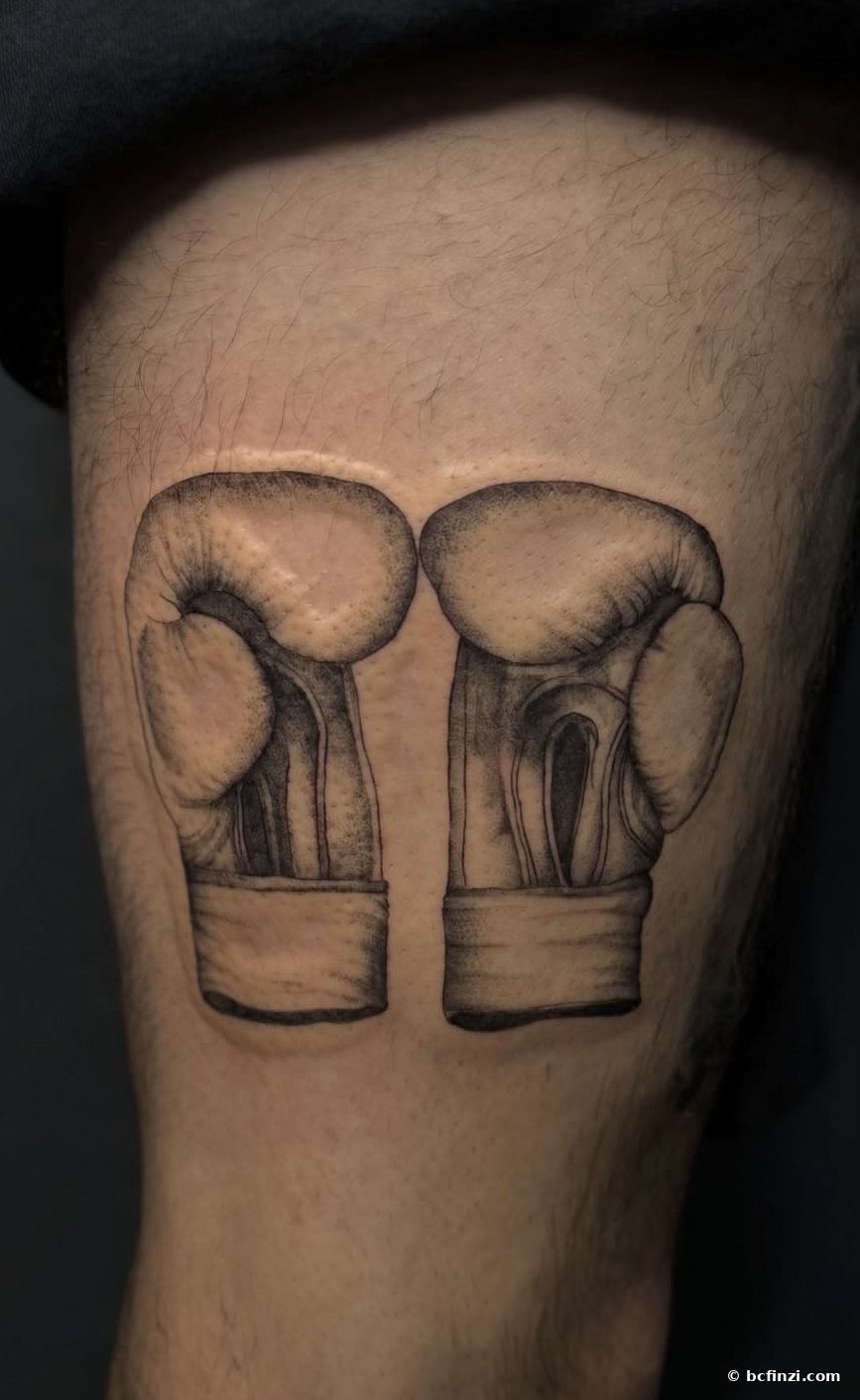 Boxing gloves — illustrative tattoo — by Bianca Finzi, Austin TX