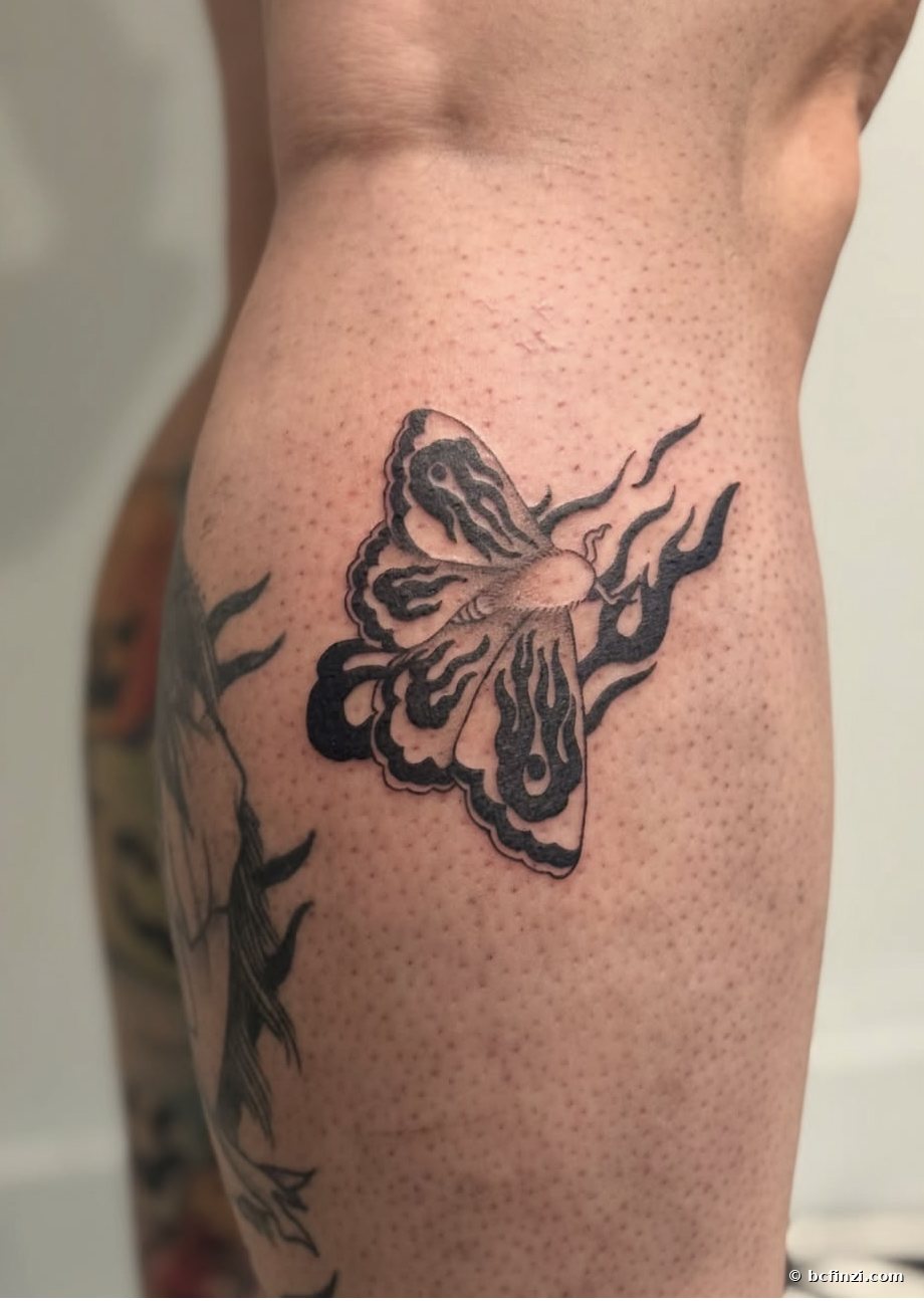 Butterfly & flames — neo-tribal tattoo — by Bianca Finzi, Austin TX