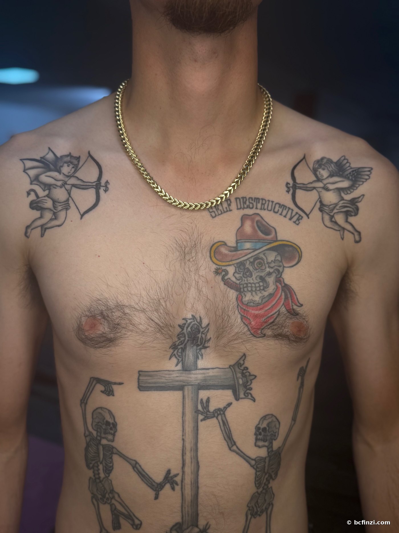 Chest panel Angels — illustrative tattoo — on the chest — by Bianca Finzi, Austin TX (healed)