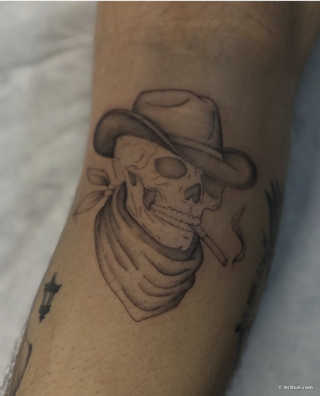 Cowboy skull — illustrative tattoo — by Bianca Finzi, Austin TX