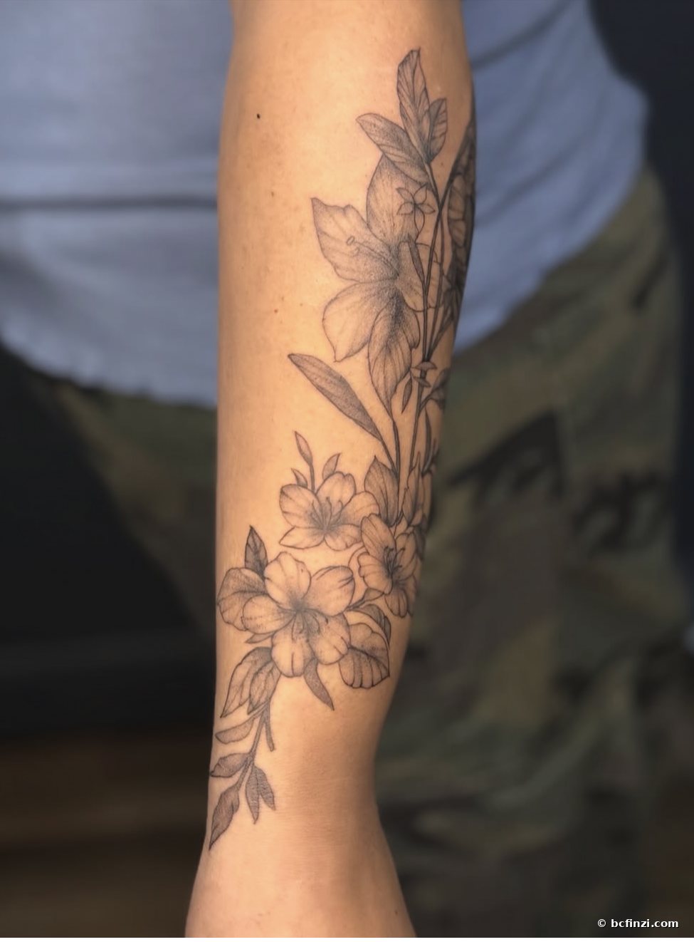 Floral sleeve — fine-line tattoo — on the sleeve — by Bianca Finzi, Austin TX