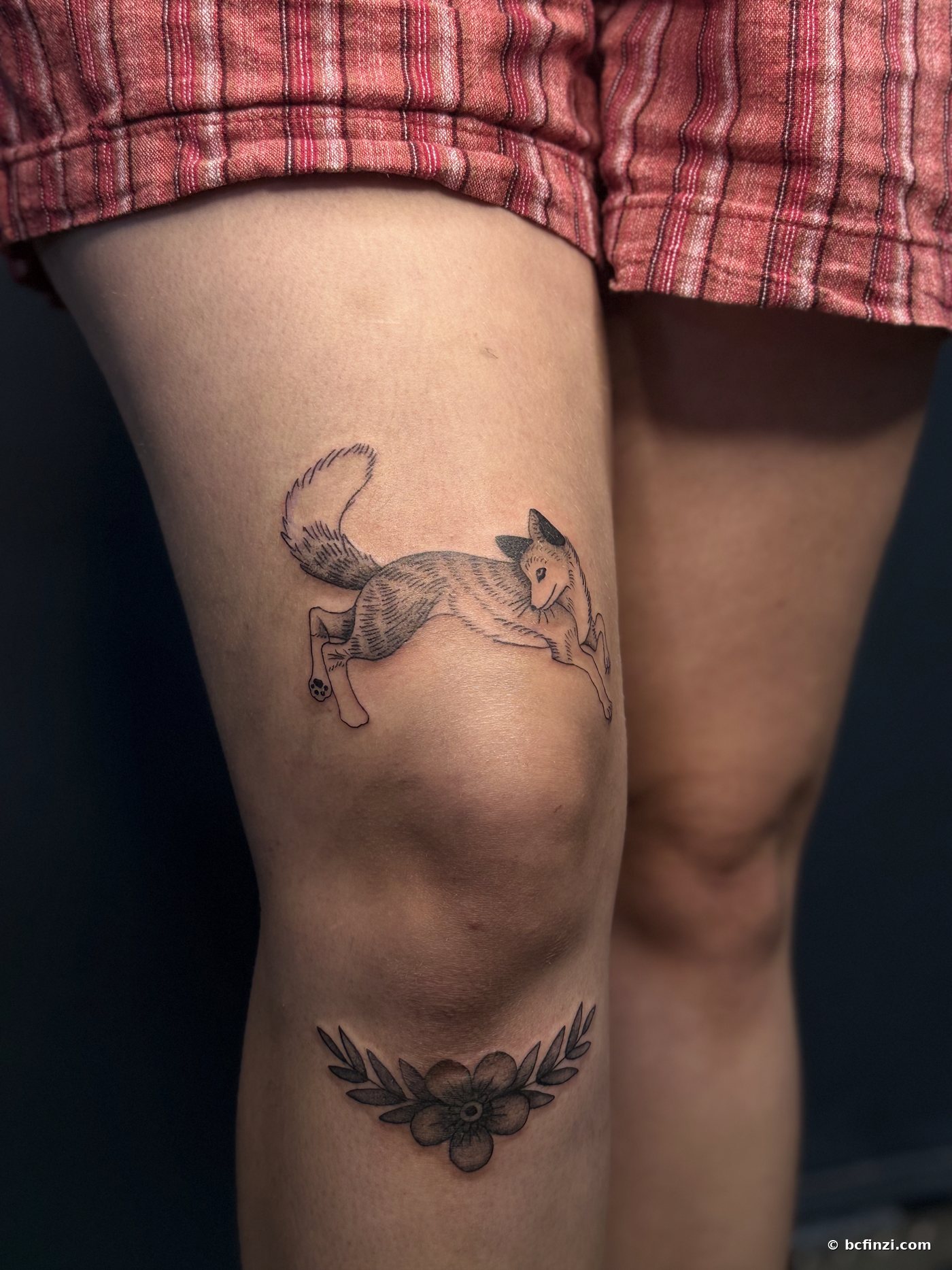 Fox & Bloom — fine-line tattoo — on the knee — by Bianca Finzi, Austin TX