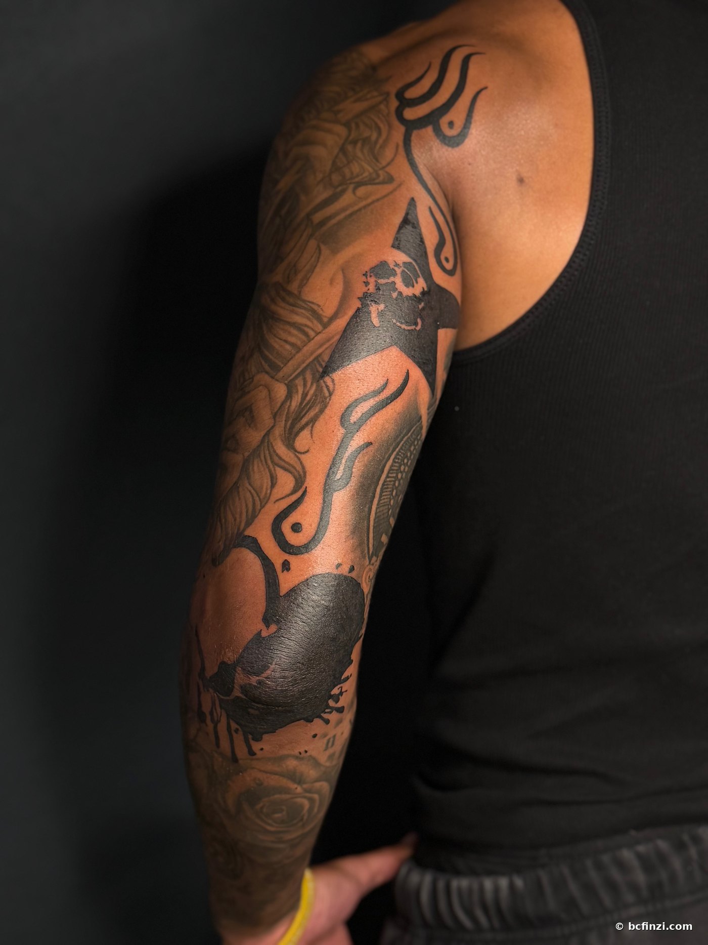 Freehand sleeve — blackwork tattoo — on the sleeve — by Bianca Finzi, Austin TX (healed)