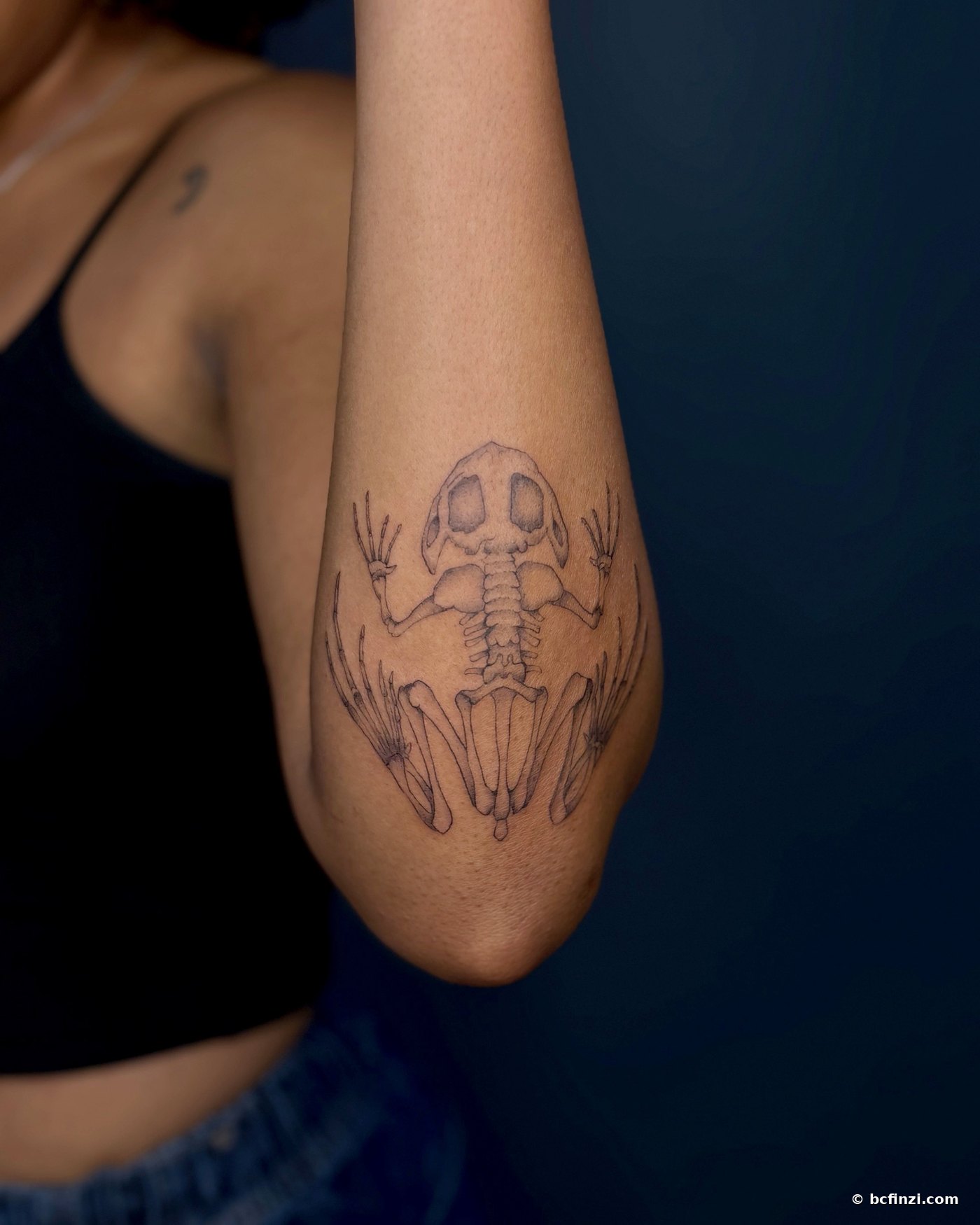 Frog skeleton — fine-line tattoo — on the elbow — by Bianca Finzi, Austin TX