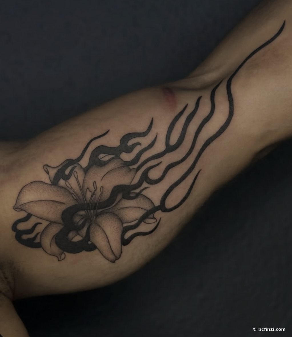 Lily & flames — illustrative tattoo — by Bianca Finzi, Austin TX