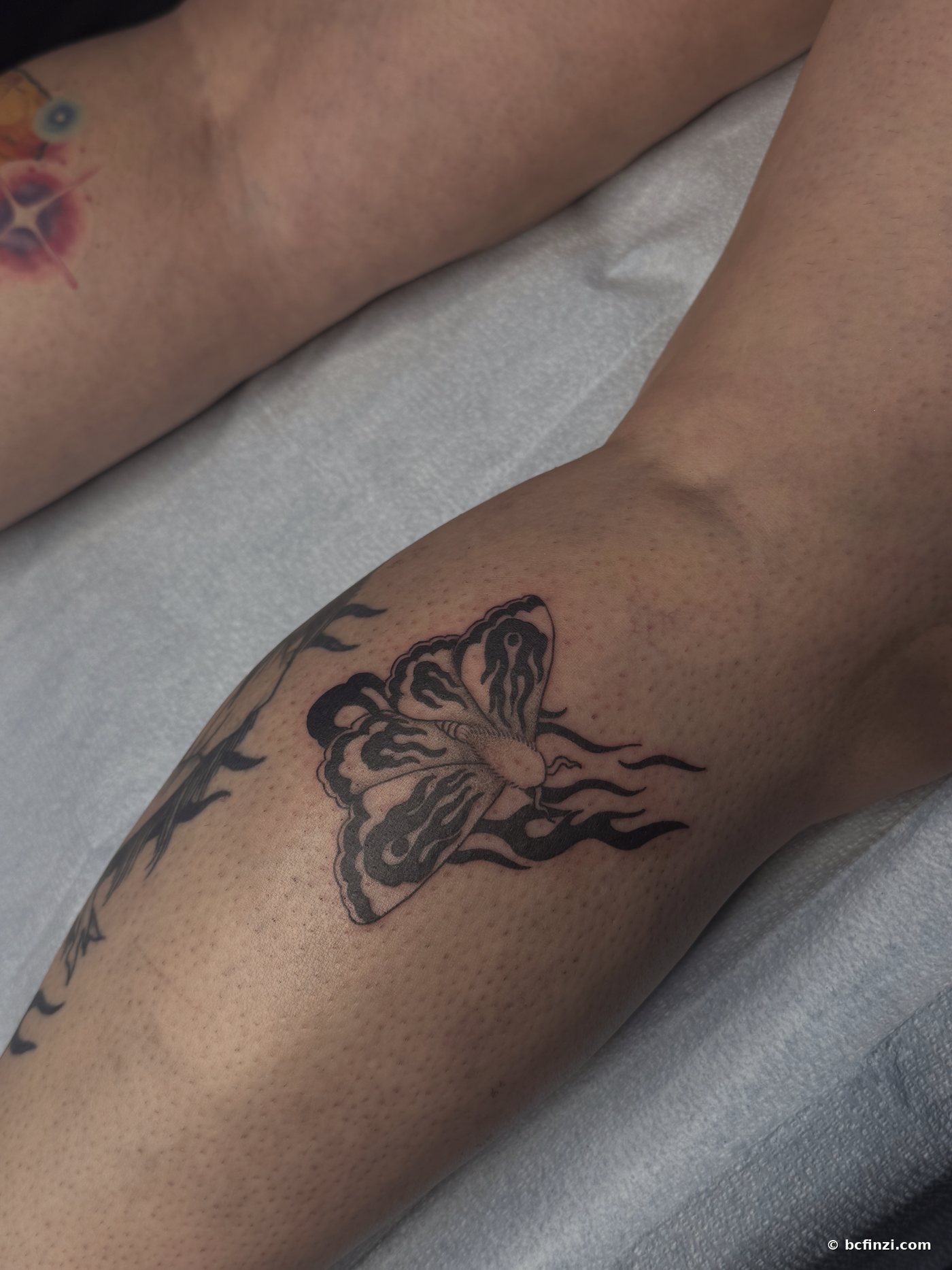 Moth & flames — neo-tribal tattoo — by Bianca Finzi, Austin TX