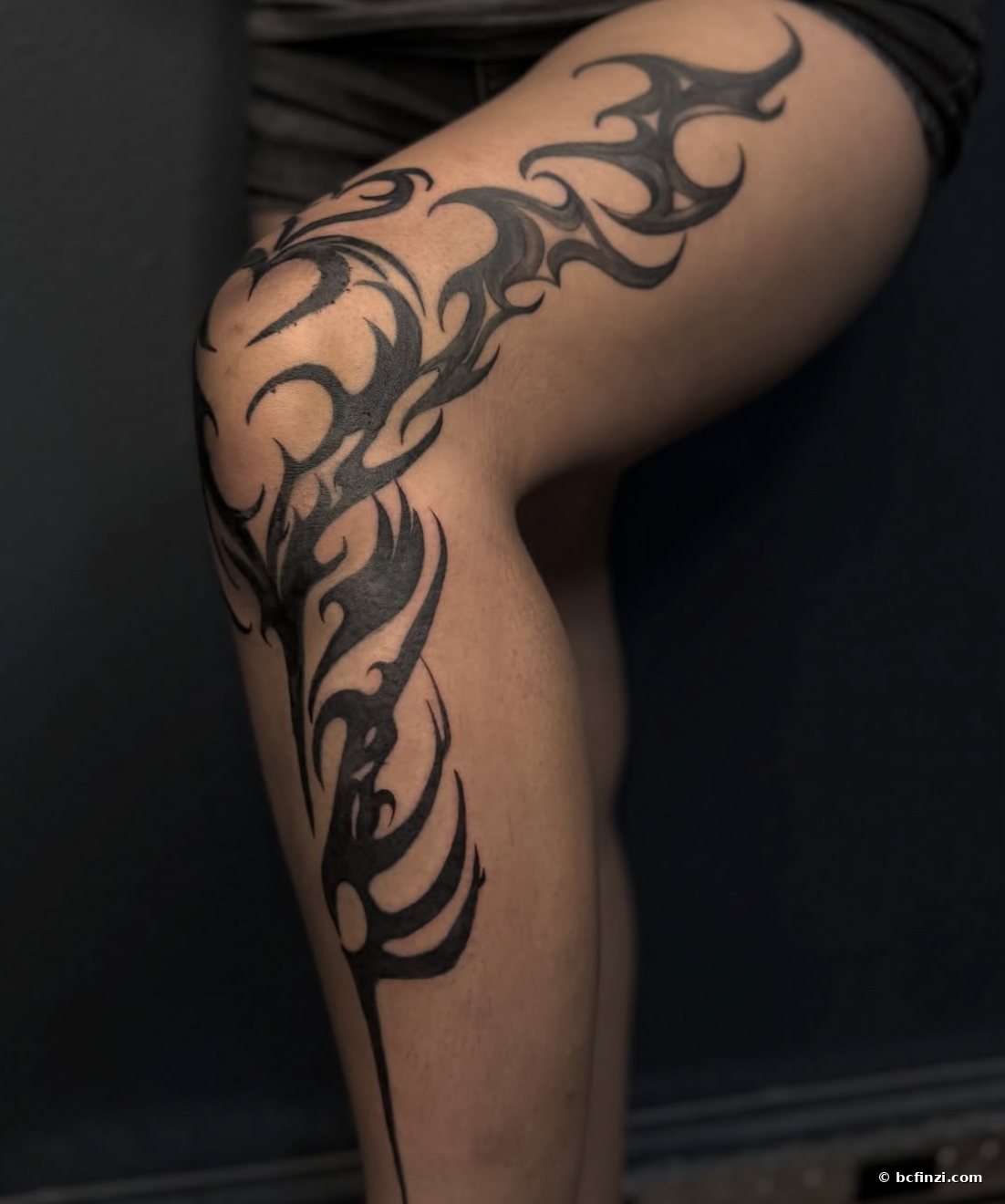 Neo-tribal leg — neo-tribal tattoo — on the leg — by Bianca Finzi, Austin TX (healed)