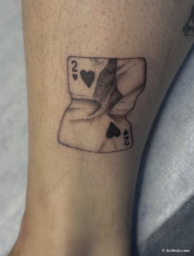 Two of spades — fine-line tattoo — by Bianca Finzi, Austin TX