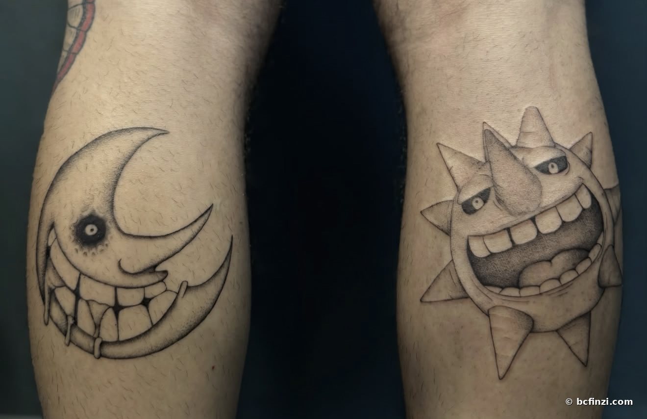 Sun & moon — illustrative tattoo — by Bianca Finzi, Austin TX