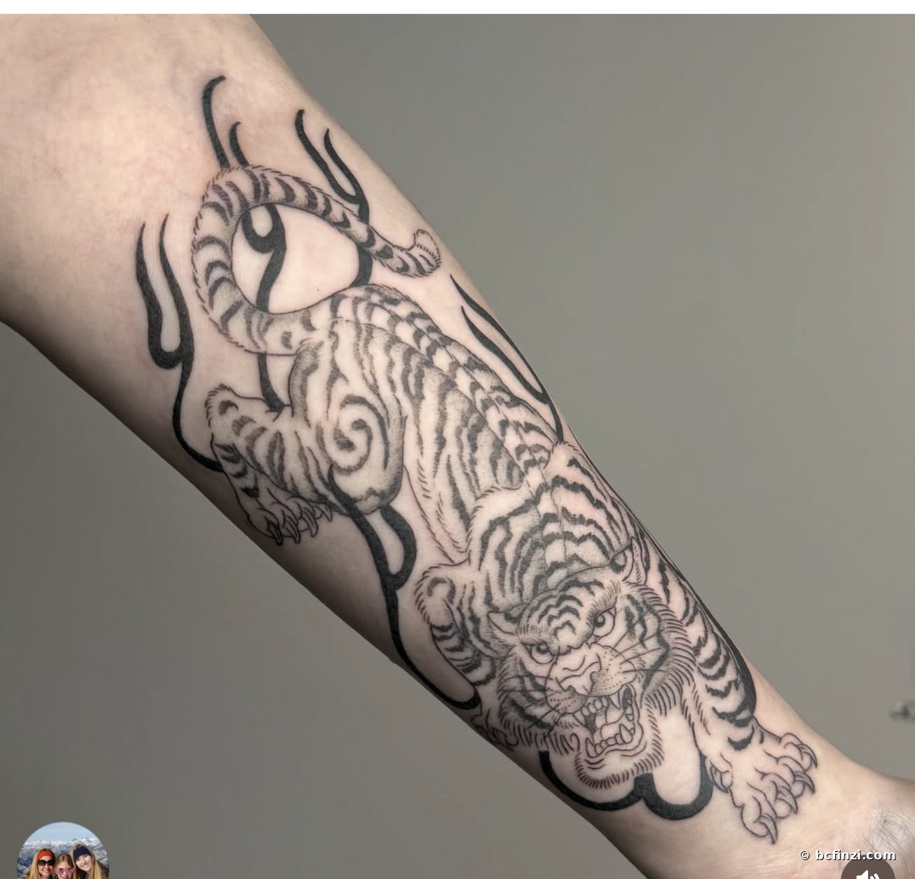 Tiger & clouds — illustrative tattoo — on the sleeve — by Bianca Finzi, Austin TX (healed)